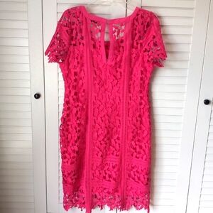 Pink Lace Midi Dress - Bright Pink Floral Crochet Midi Dress